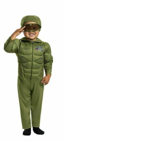 Toddler Aviator Pilot Halloween Costume 2T Muscle Green Jumpsuit & Mask Boys - Picture 1 of 6